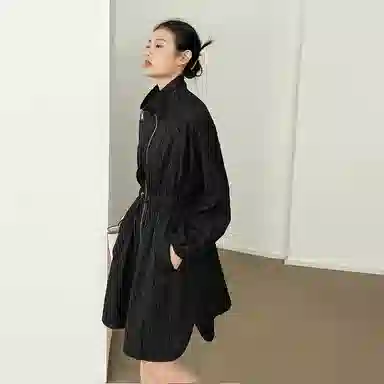 美洋 植绒收腰长袖连衣裙 黑色