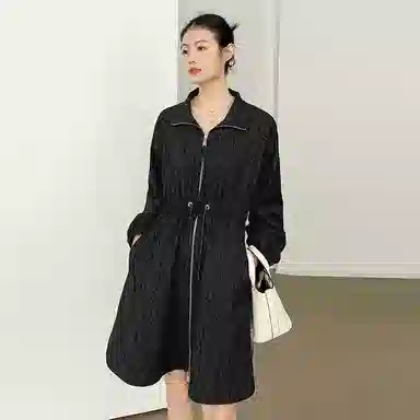 美洋 植绒收腰长袖连衣裙 黑色