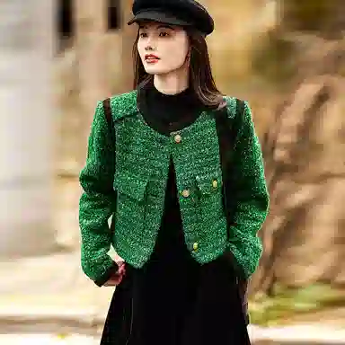【dme】 休闲圆领复古通勤粗花呢小香风夹克 女款 绿色
