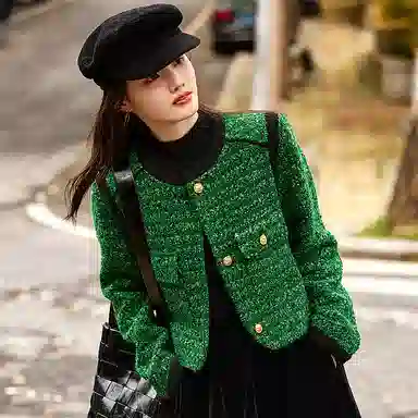 【dme】 休闲圆领复古通勤粗花呢小香风夹克 女款 绿色