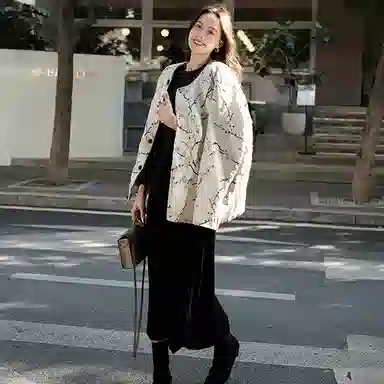 美洋 纯色圆领收腰开叉长款修身长袖连衣裙 女款 黑色