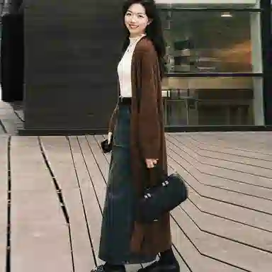 美洋 纯色一体绒双袋高腰直筒半身牛仔长裙 女款 复古蓝