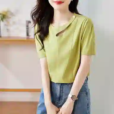 【dme】 纯色圆领透气五分短袖衬衫 女款 柠檬绿