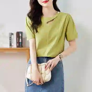 【dme】 纯色圆领透气五分短袖衬衫 女款 柠檬绿