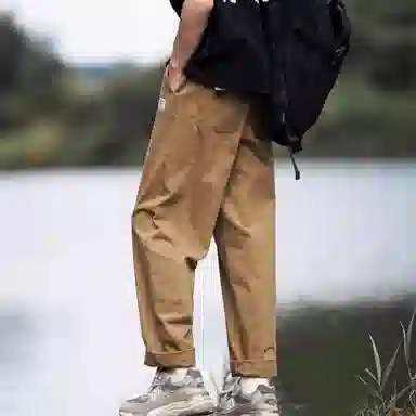 港仔文艺男 纯色系带直筒工装裤 男款