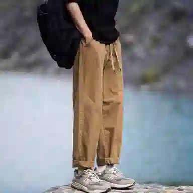 港仔文艺男 纯色系带直筒工装裤 男款