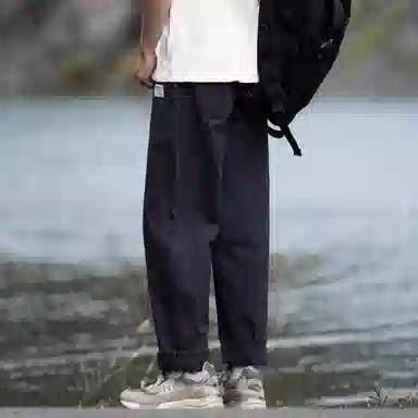 港仔文艺男 纯色系带直筒工装裤 男款