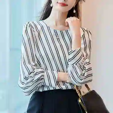 【dme】 圆领套头雪纺休闲通勤法式落肩条纹短袖衬衫 女款 米白