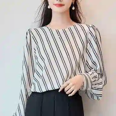 【dme】 圆领套头雪纺休闲通勤法式落肩条纹短袖衬衫 女款 米白