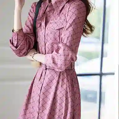 【dme】 印花翻领休闲长袖连衣裙 皮粉