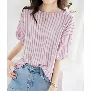 【dme】 休闲通勤法式落肩条纹短袖衬衫 女款 浅粉红