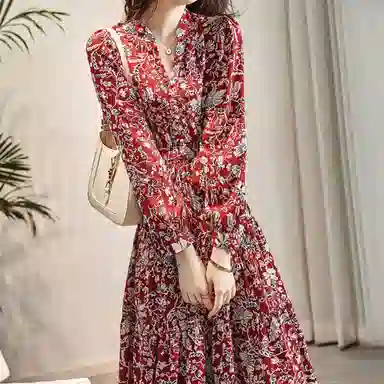 【dme】 花卉满印收腰显瘦长袖连衣裙 酱红色