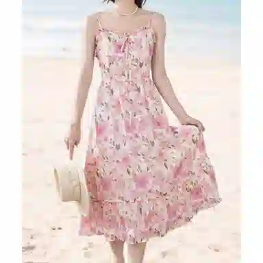 茵曼 碎花图案吊带无袖连衣裙 粉色