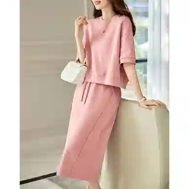 【dme】 圆领套头短袖卫衣纯色休闲中长裙裙装套装 女款 古粉