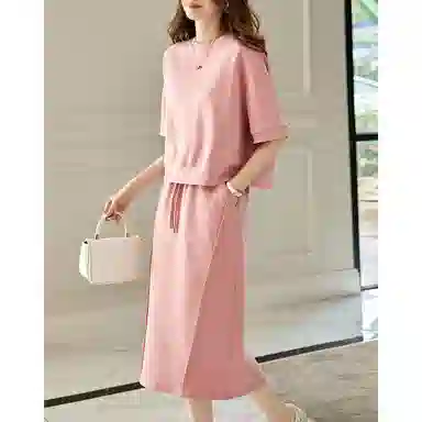 【dme】 圆领套头短袖卫衣纯色休闲中长裙裙装套装 女款 古粉