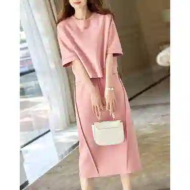 【dme】 圆领套头短袖卫衣纯色休闲中长裙裙装套装 女款 古粉