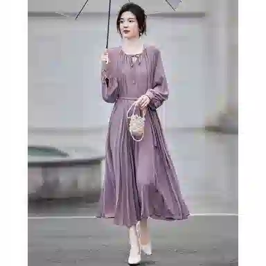 【dme】 通勤纯色舒适圆领宽松插肩长袖连衣裙 女款 蔷薇紫