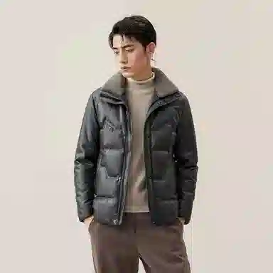 鸭鸭 中老年爸爸装纯色商务休闲防寒保暖翻领真皮羽绒服 男款