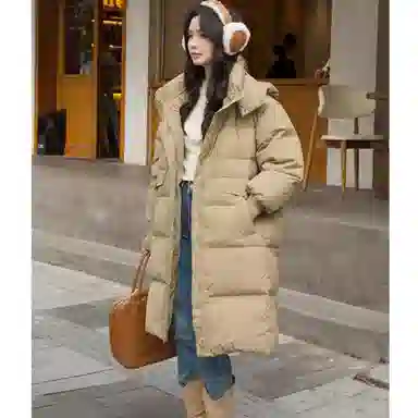 鸭鸭 连帽长款简约羽绒服 女款