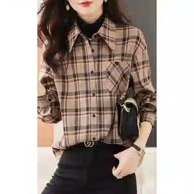 【dme】 格子尖领长袖衬衫 女款 卡其