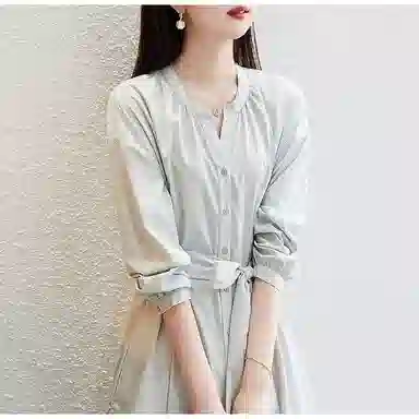 【dme】 纯色圆领单排扣休闲长袖连衣裙