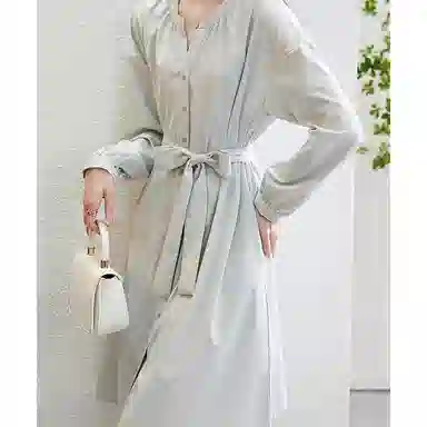 【dme】 纯色圆领单排扣休闲长袖连衣裙