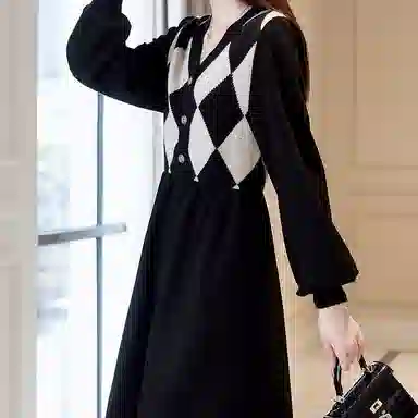 【dme】 格纹针织长袖连衣裙 女款 黑色