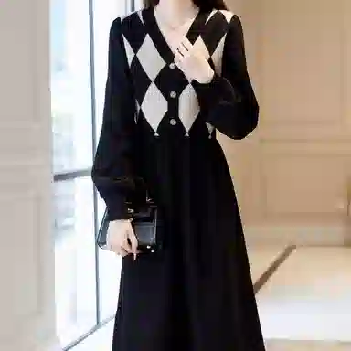 【dme】 格纹针织长袖连衣裙 女款 黑色