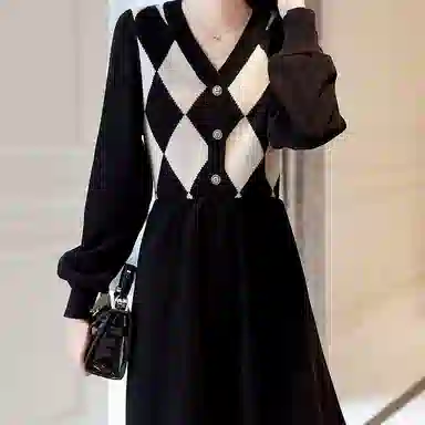 【dme】 格纹针织长袖连衣裙 女款 黑色