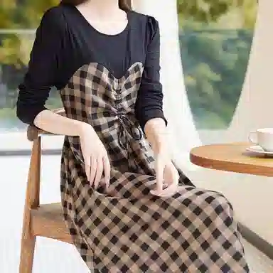 【dme】 格纹拼接假两件收腰长袖连衣裙 深咖