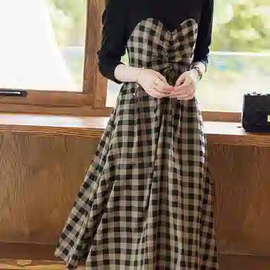 【dme】 格纹拼接假两件收腰长袖连衣裙 深咖