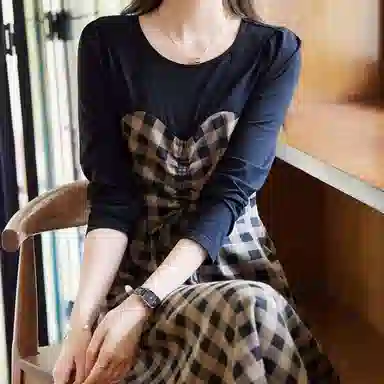 【dme】 格纹拼接假两件收腰长袖连衣裙 深咖