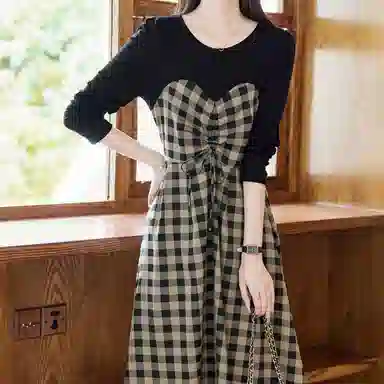 【dme】 格纹拼接假两件收腰长袖连衣裙 深咖