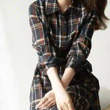 【dme】 格纹满印单排扣长袖连衣裙 藏青