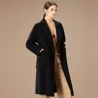 粉红玛琍 纯色中长款西装领大衣 女款 黑色