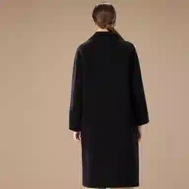 粉红玛琍 纯色中长款西装领大衣 女款 黑色