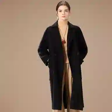 粉红玛琍 纯色中长款西装领大衣 女款 黑色