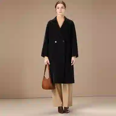粉红玛琍 纯色中长款西装领大衣 女款 黑色