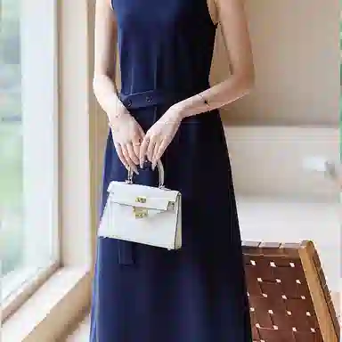 【dme】 纯色圆领腰带设计无袖连衣裙 藏青