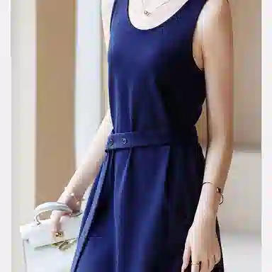 【dme】 纯色圆领腰带设计无袖连衣裙 藏青