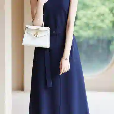 【dme】 纯色圆领腰带设计无袖连衣裙 藏青