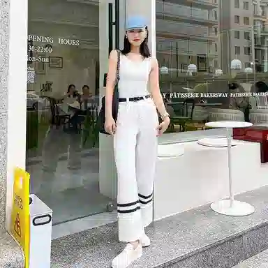 美洋 白胚斜纹拼皮直筒牛仔裤 女款 白色