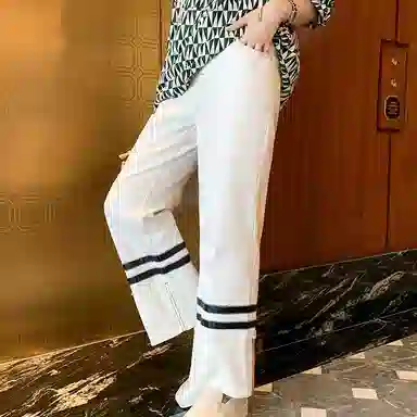 美洋 白胚斜纹拼皮直筒牛仔裤 女款 白色