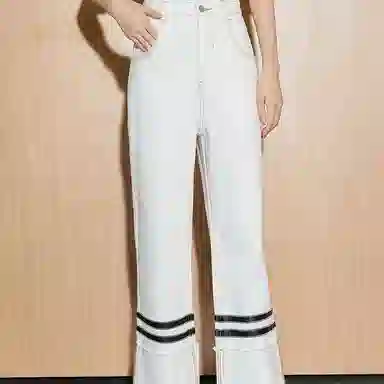 美洋 白胚斜纹拼皮直筒牛仔裤 女款 白色