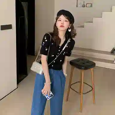 花栗鼠小姐 纯色休闲高腰牛仔裤 女款