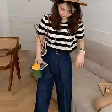 花栗鼠小姐 纯色休闲高腰牛仔裤 女款