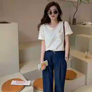 花栗鼠小姐 纯色休闲高腰牛仔裤 女款