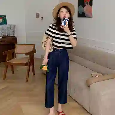 花栗鼠小姐 纯色休闲高腰牛仔裤 女款