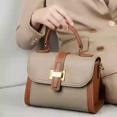 老人头 小众质感高颜值日常通勤时尚百搭 牛皮革拼合成革 斜挎包单肩手提包 女款 卡其棕