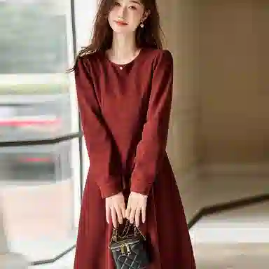 【dme】 纯色中腰圆领长袖连衣裙